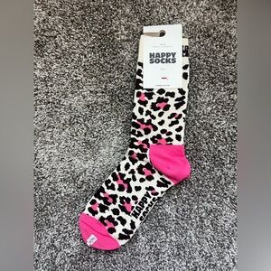 New Happy Socks Leopard Print Crew Socks Pink Black Combed Cotton Size 36–40